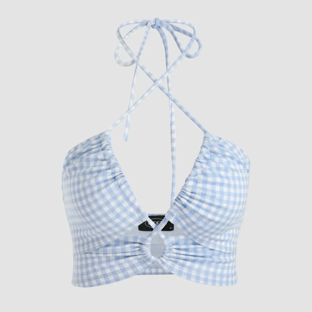 Cider Blue Check Gingham Halter Crop Top